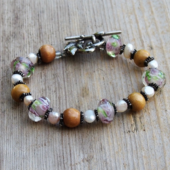 Handmade Jewelry - Lampwork Glass & Wood Bead Baroque Pearl Bracelet
